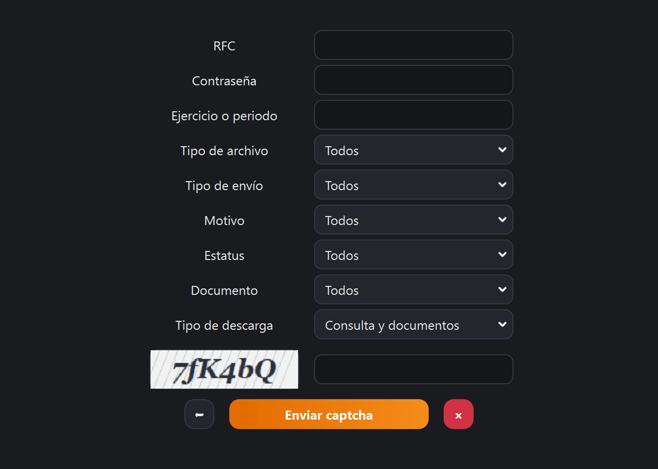 Pantalla de descarga de acuses de contabilidad electrónica con el captcha cargado