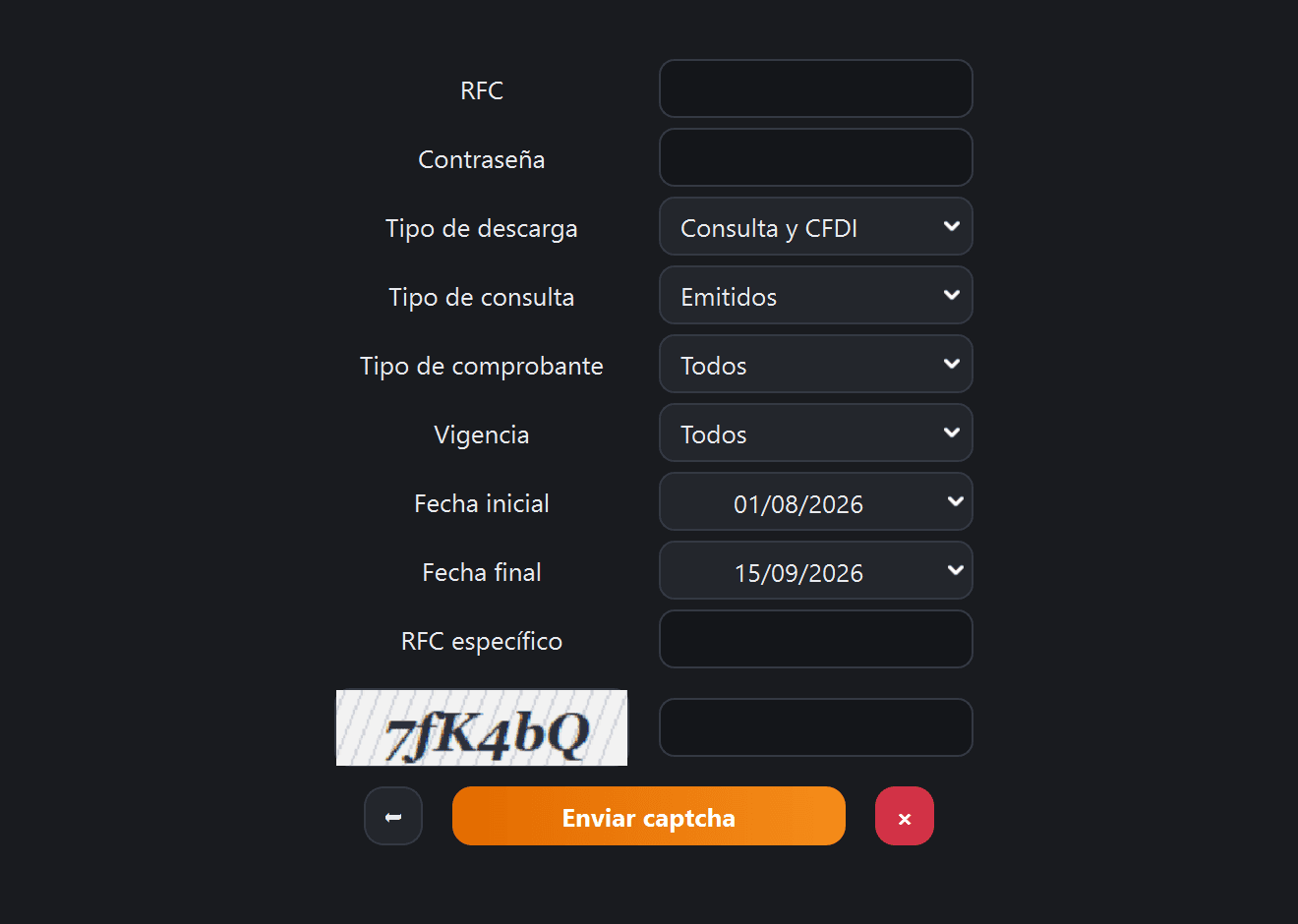 Pantalla Descarga de CFDI con el captcha cargado