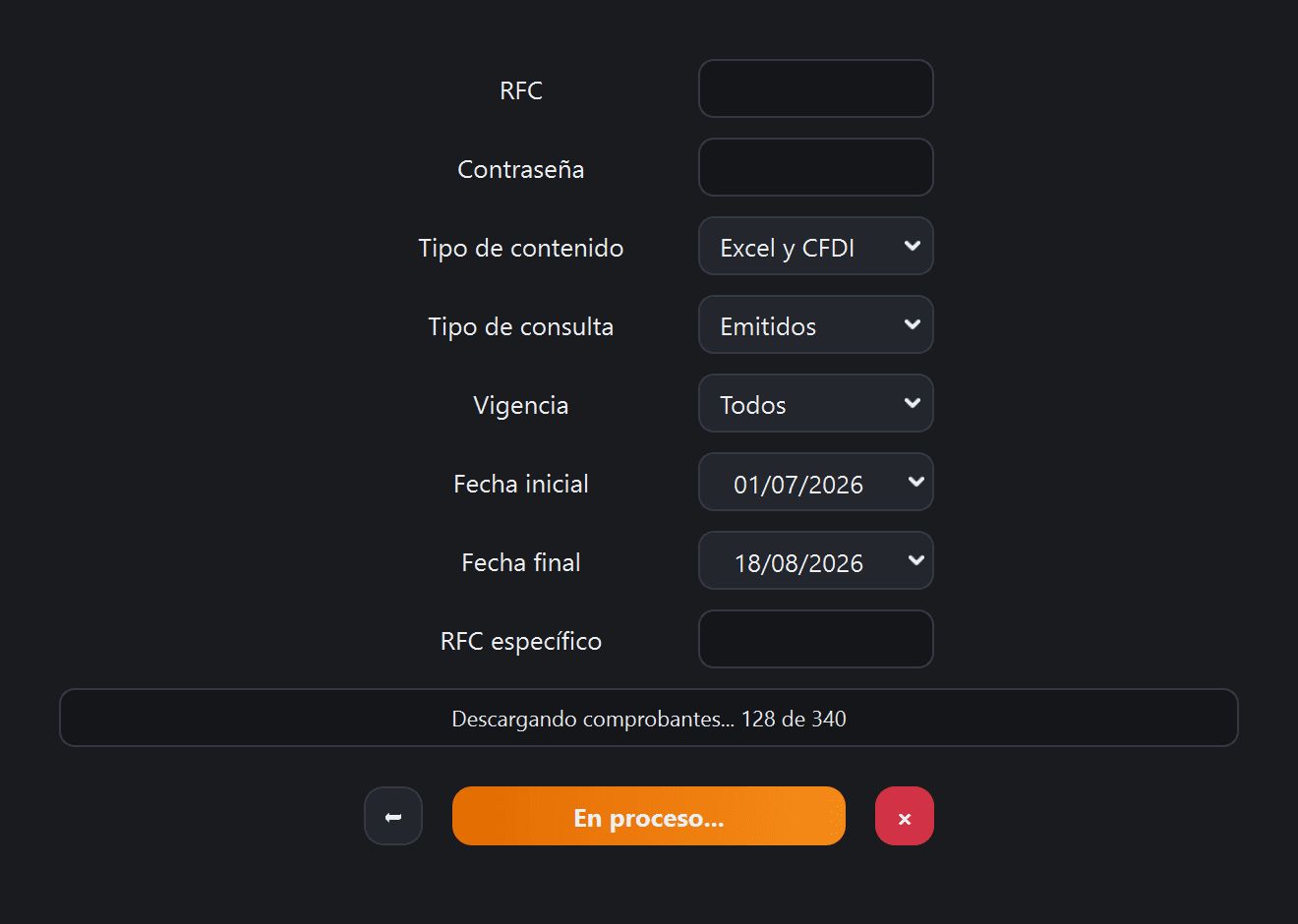 Pantalla Descarga de CFDI con una descarga en curso