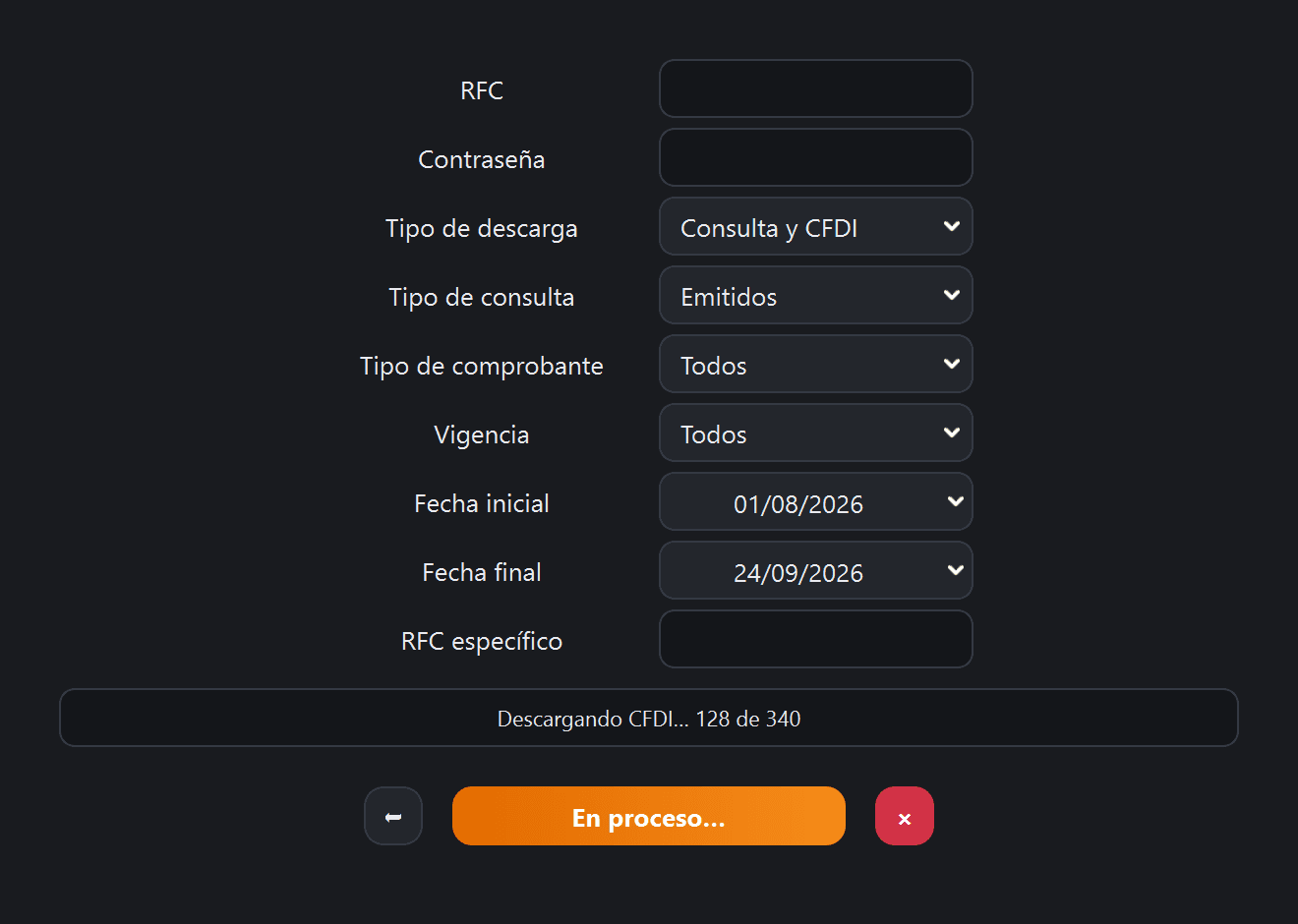 La pantalla «Descarga de CFDI» con la descarga en curso: «Descargando CFDI… 128 de 340»