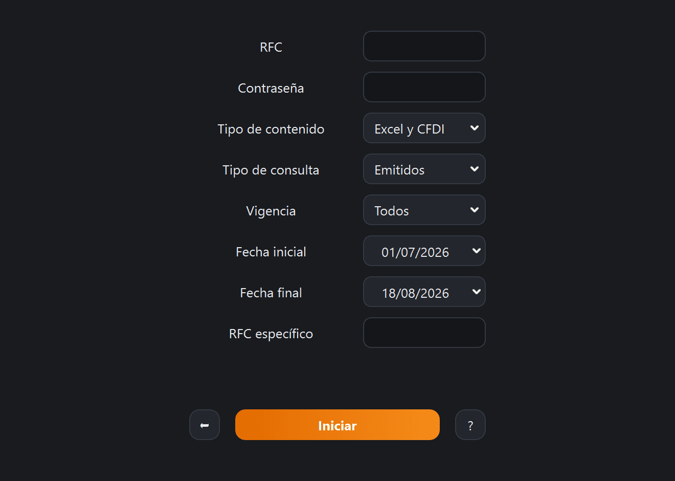 Pantalla Descarga de CFDI