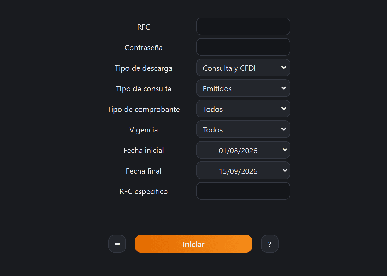 Pantalla Descarga de CFDI