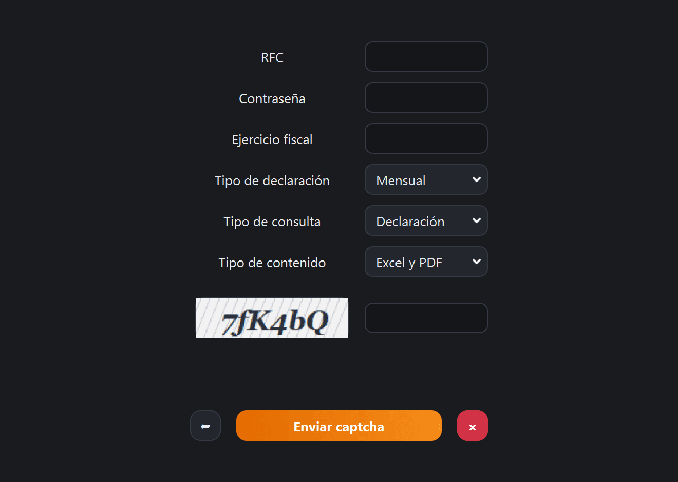Pantalla de descarga de declaraciones con el captcha cargado