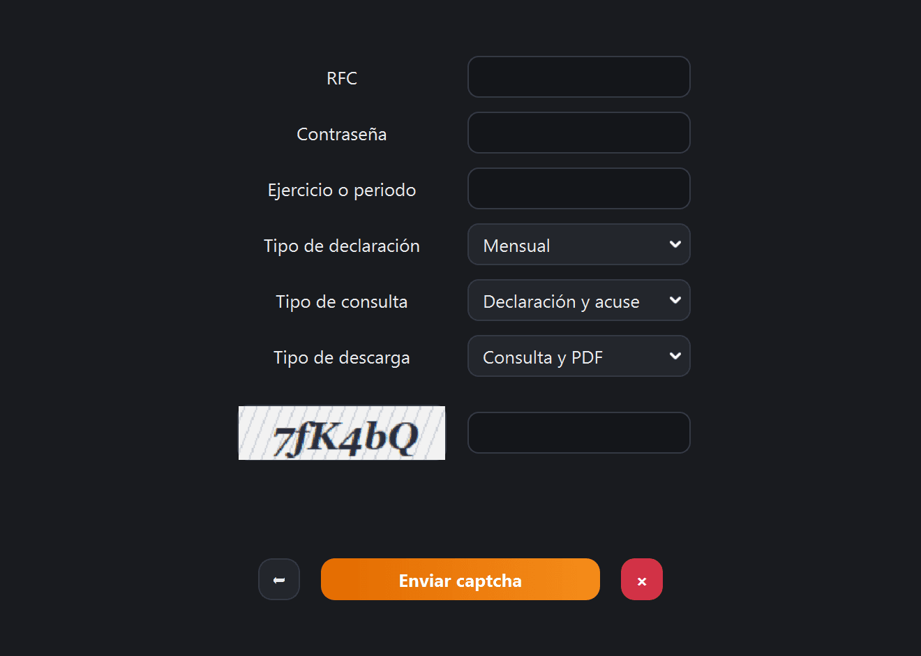 Pantalla de descarga de declaraciones con el captcha cargado