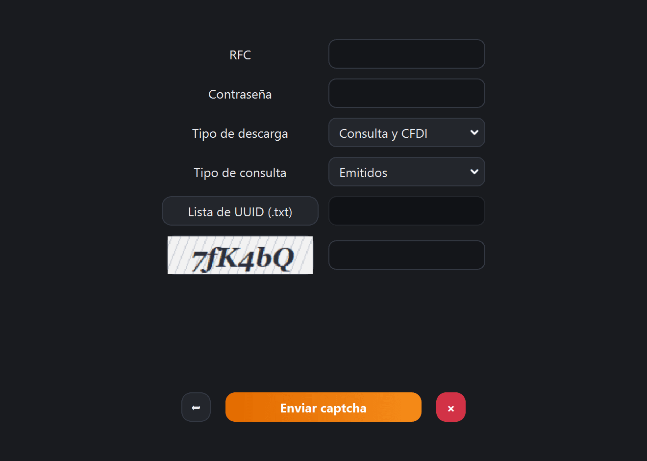 Pantalla Descarga específica de CFDI con el captcha cargado