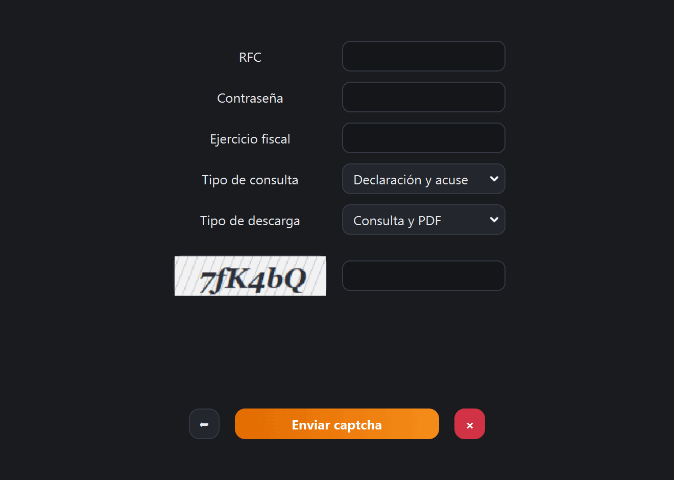 Pantalla de descarga de declaraciones de plataformas tecnológicas con el captcha cargado