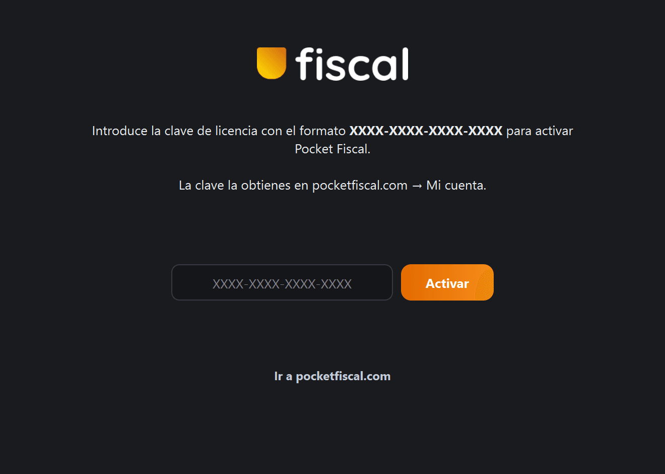 Pantalla de activación de Pocket Fiscal