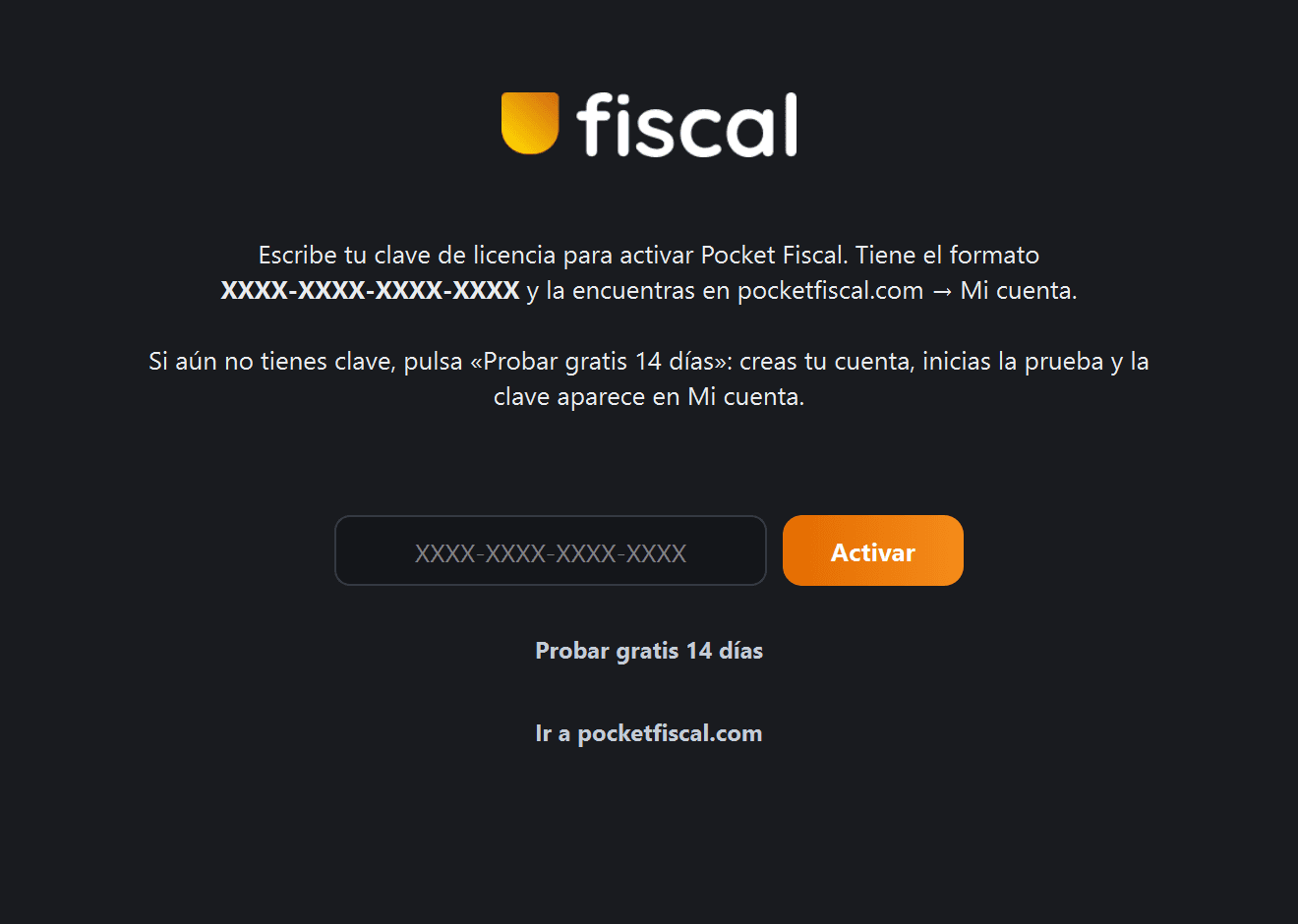 Pantalla de activación de Pocket Fiscal