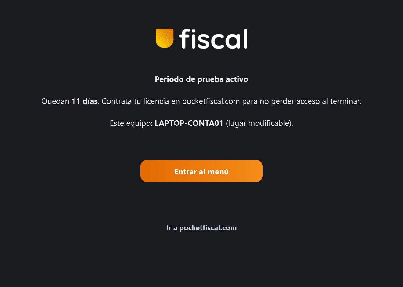 Pantalla de licencia durante el periodo de prueba