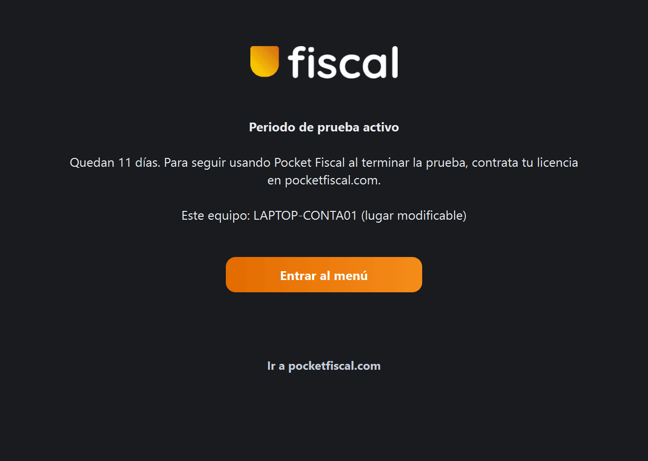 Pantalla de licencia durante el periodo de prueba