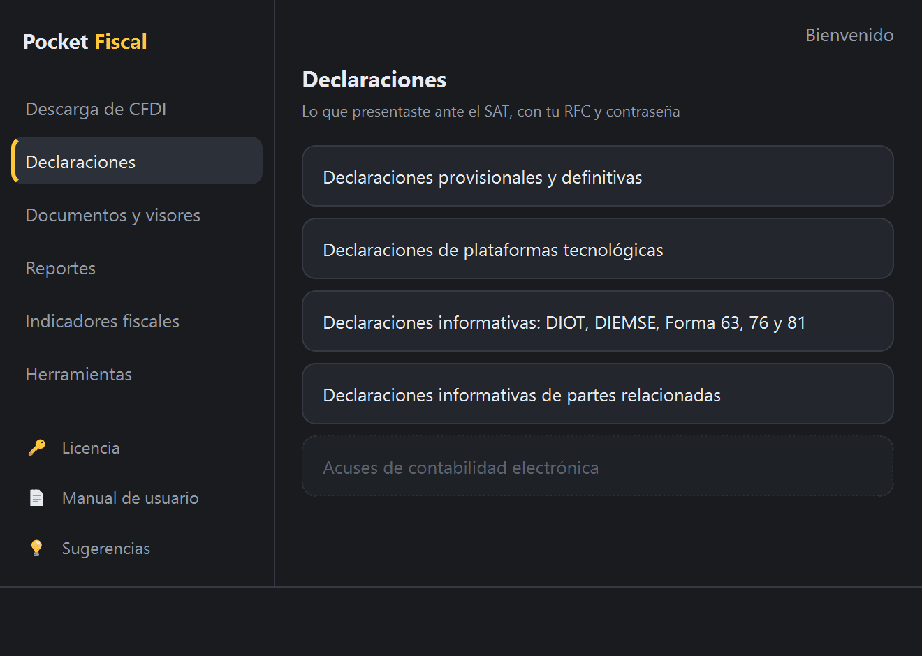 Menú «Declaraciones» en Pocket Fiscal