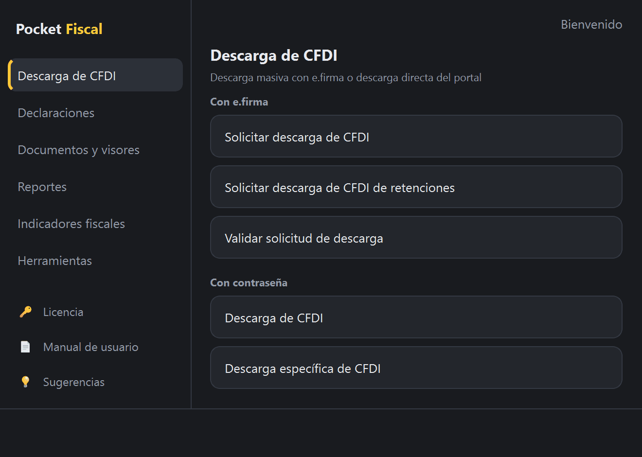 Menú «Descarga de CFDI» en Pocket Fiscal