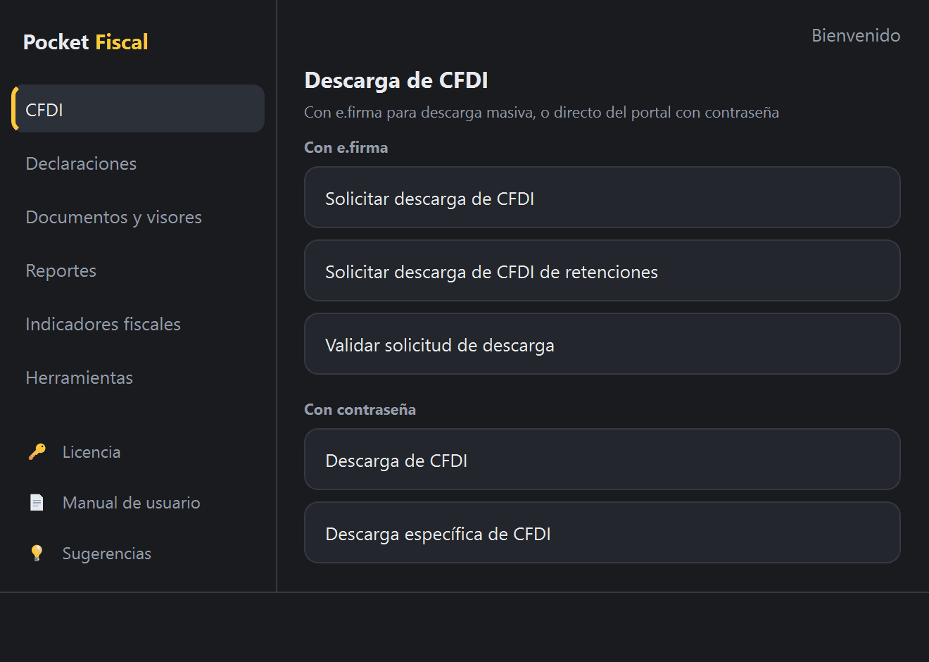 Menú «CFDI» en Pocket Fiscal, con «Descarga específica de CFDI» señalado