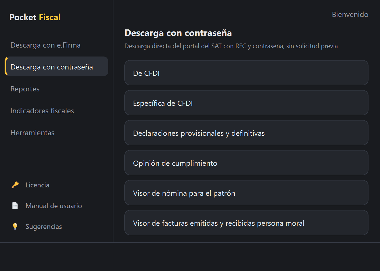 Menú «Descarga con contraseña» en Pocket Fiscal