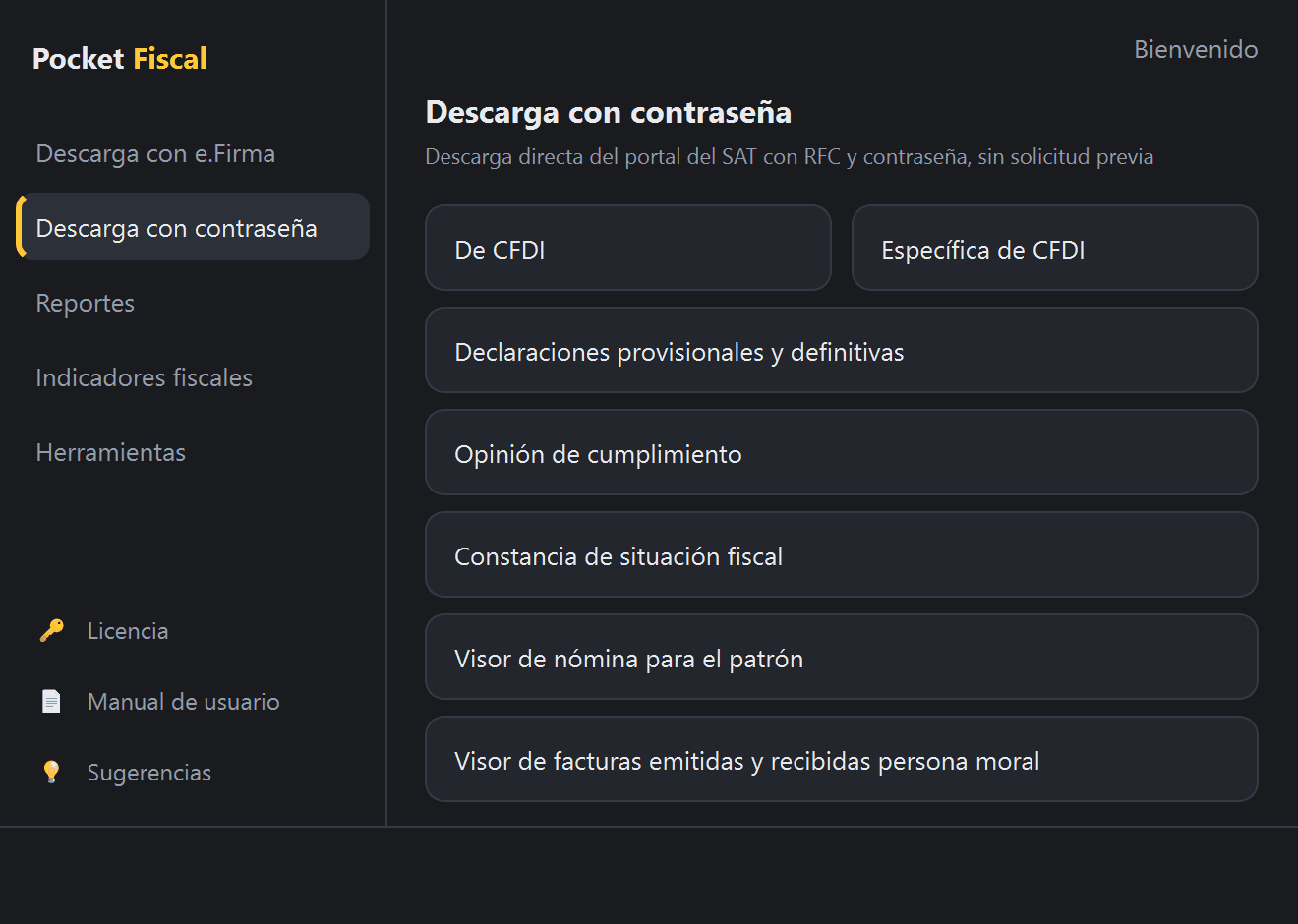 Menú «Descarga con contraseña» en Pocket Fiscal
