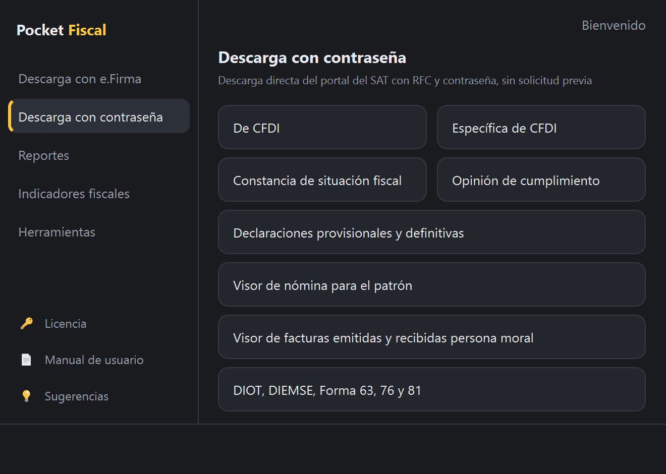 Menú «Descarga con contraseña» en Pocket Fiscal