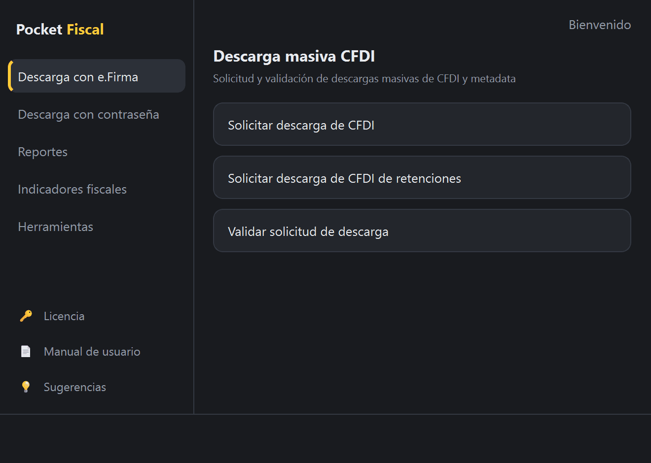 Menú «Descarga con e.Firma» en Pocket Fiscal