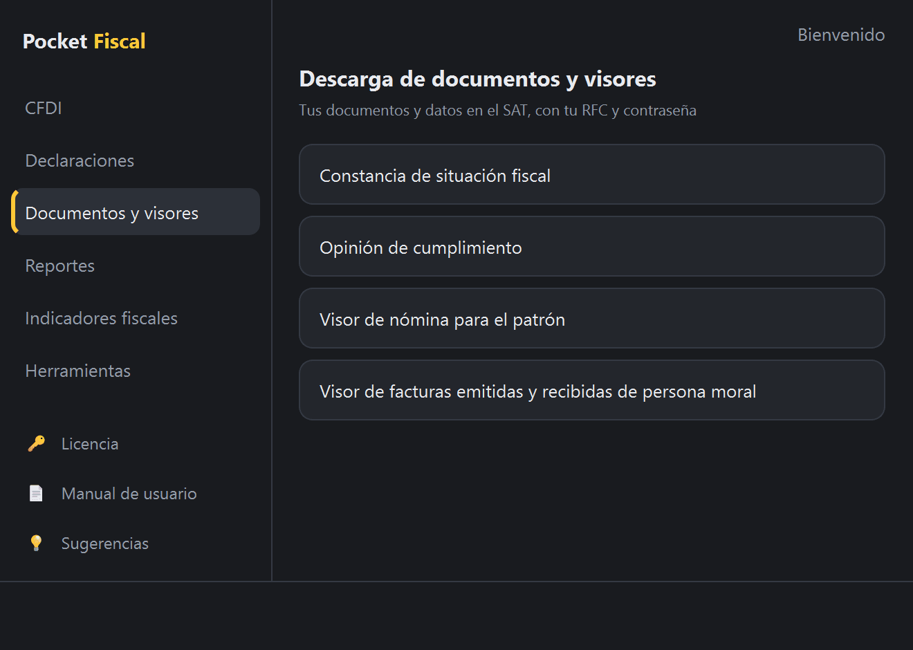 Menú «Documentos y visores» en Pocket Fiscal, con «Visor de facturas emitidas y recibidas de persona moral» señalado