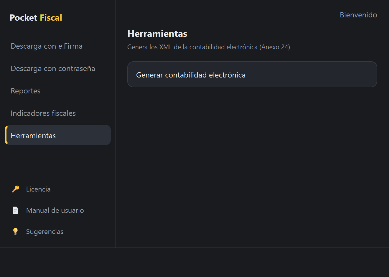 Menú «Herramientas» en Pocket Fiscal