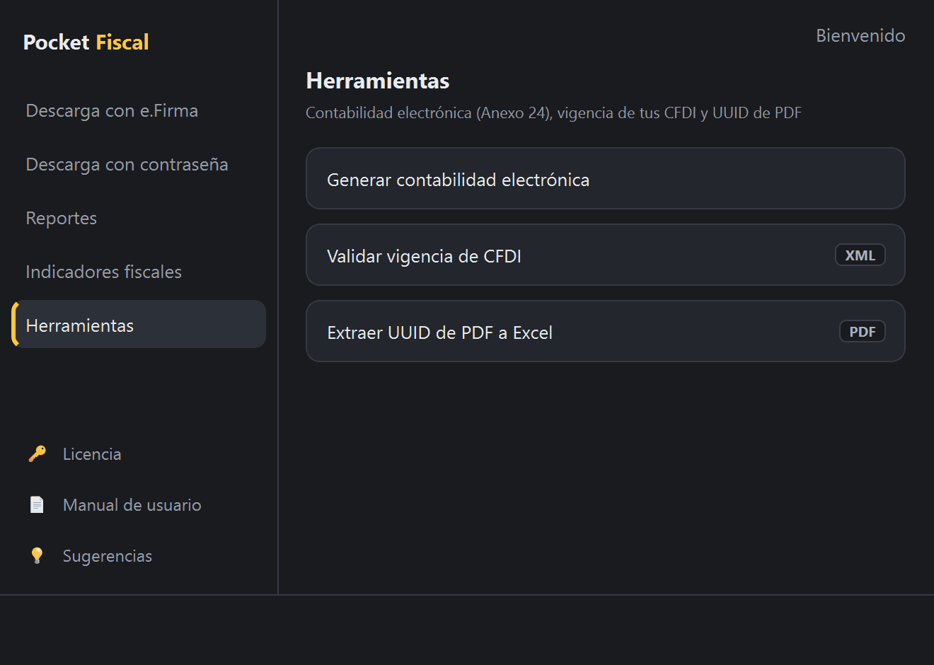 Menú «Herramientas» en Pocket Fiscal