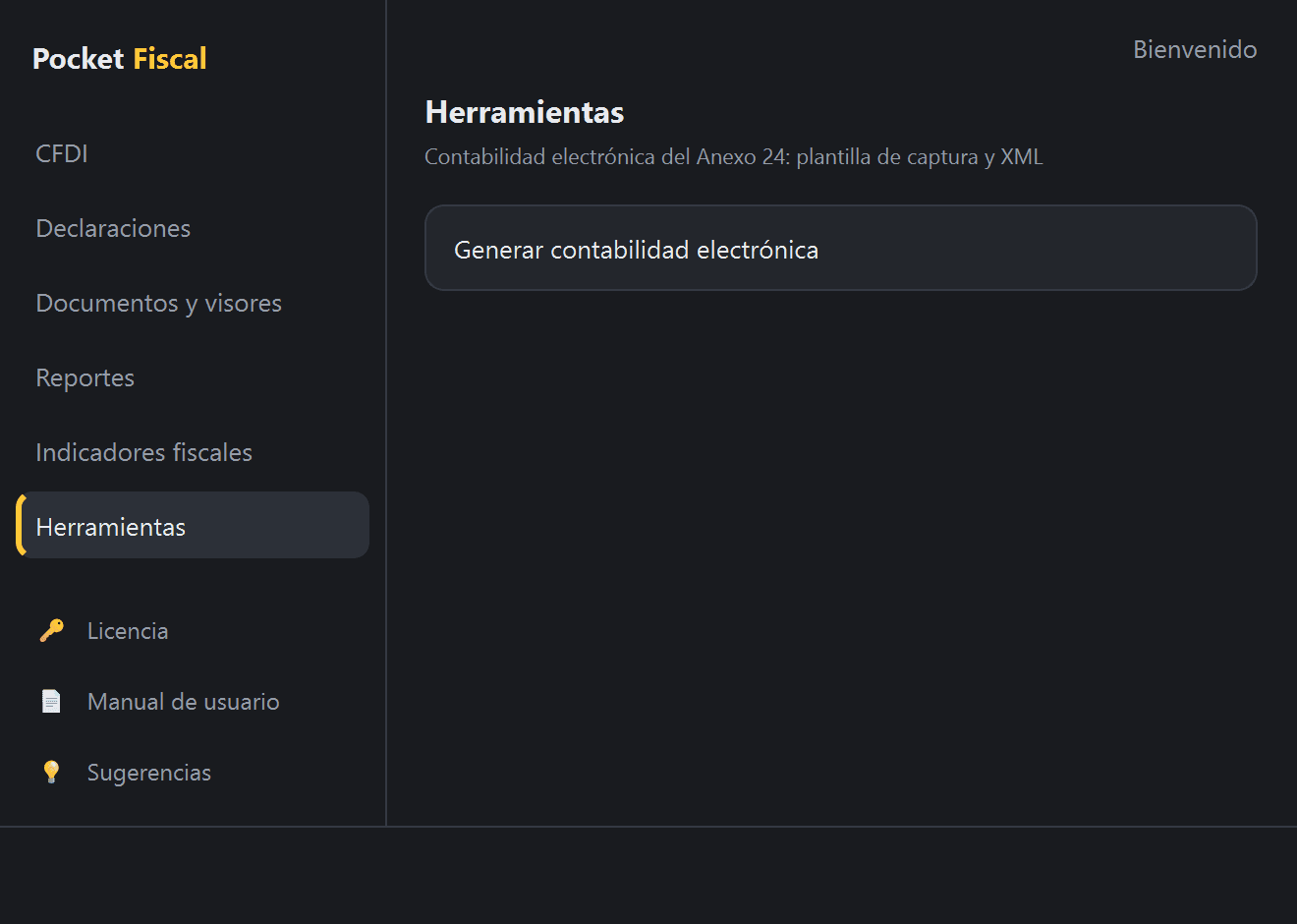 Menú «Herramientas» en Pocket Fiscal, con «Generar contabilidad electrónica» señalado