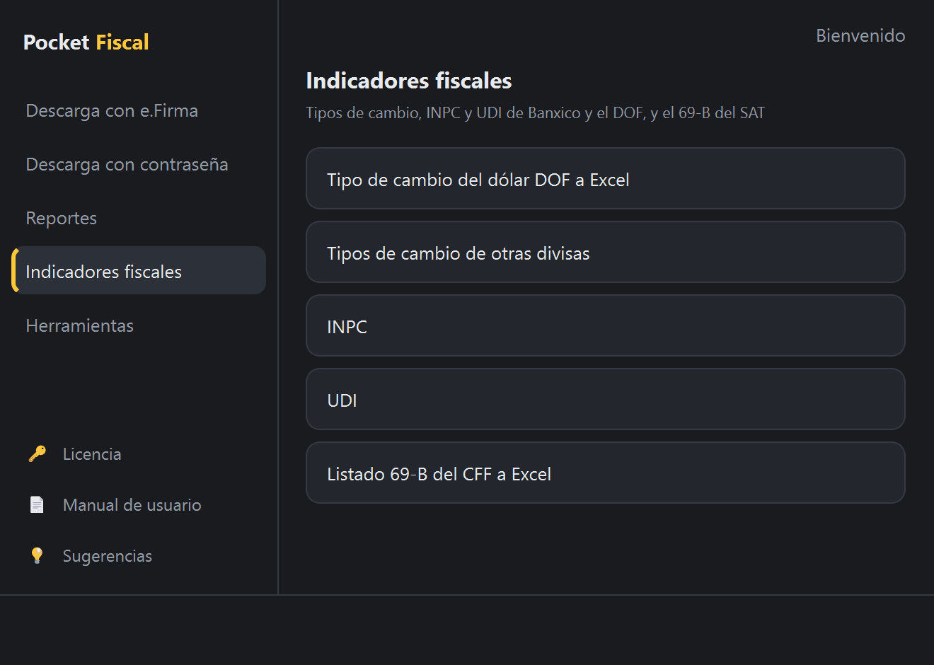 Menú «Indicadores fiscales» en Pocket Fiscal