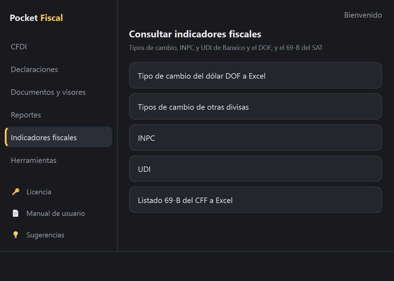 Menú «Indicadores fiscales» en Pocket Fiscal