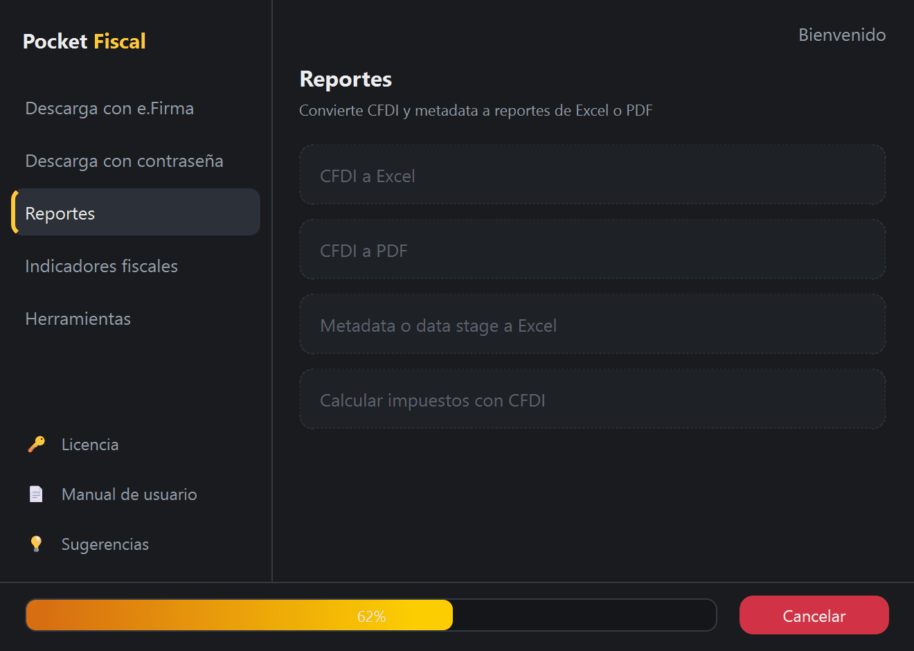 Menú de Pocket Fiscal con un proceso en curso