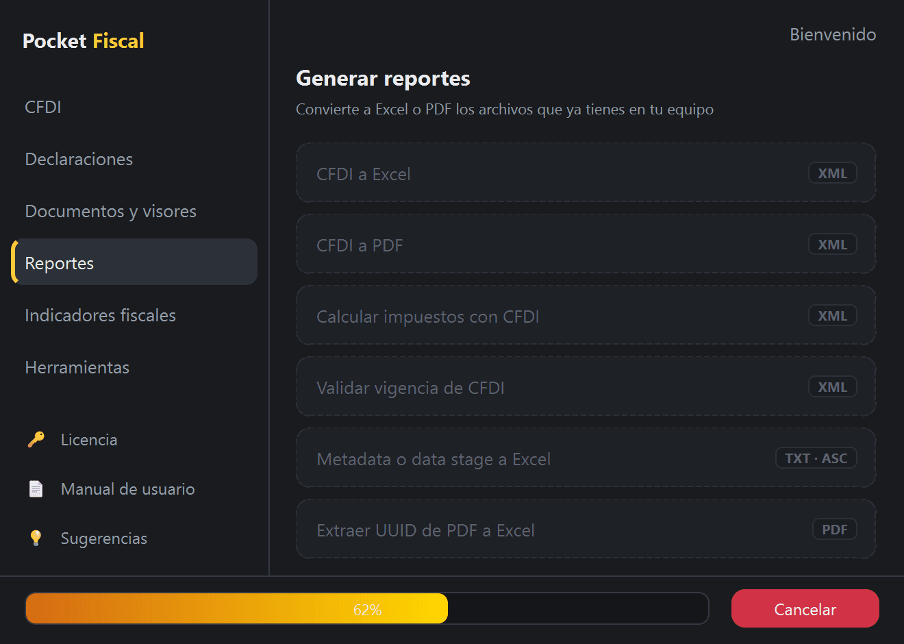El menú «Reportes» de Pocket Fiscal mientras genera un archivo de Excel, con «Calcular impuestos con CFDI» señalado