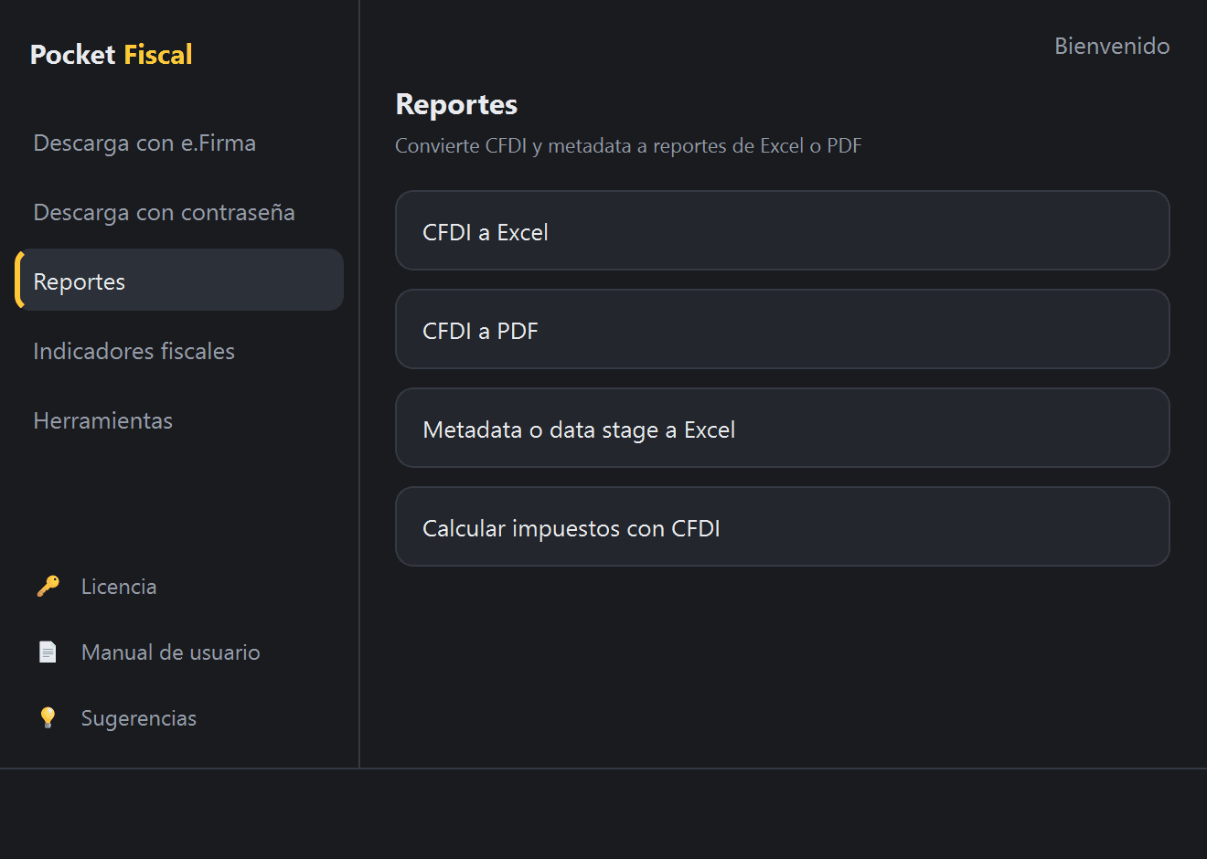Menú «Reportes» en Pocket Fiscal