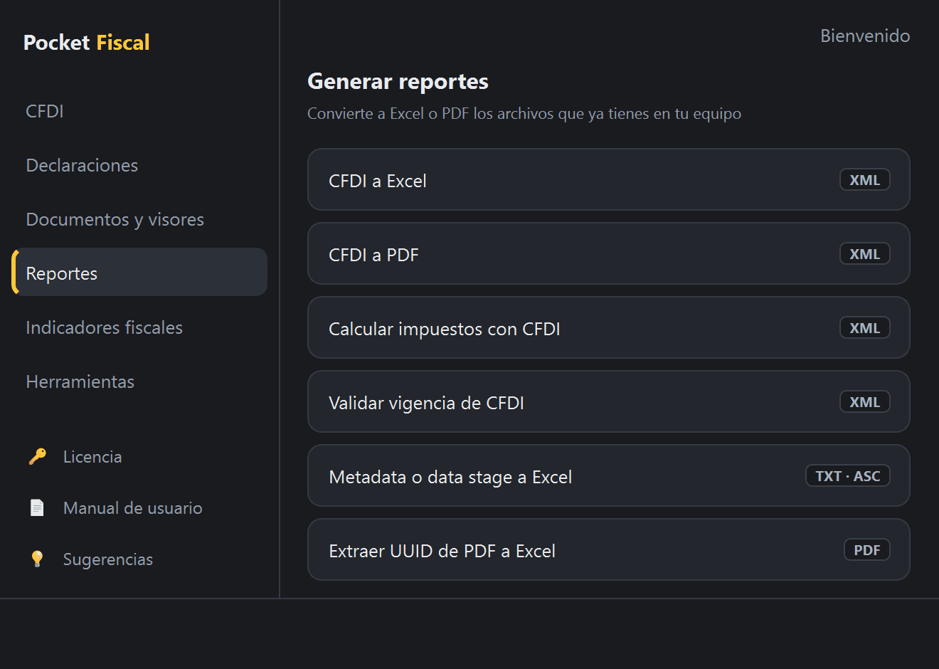 Menú «Reportes» en Pocket Fiscal, con «CFDI a Excel» señalado