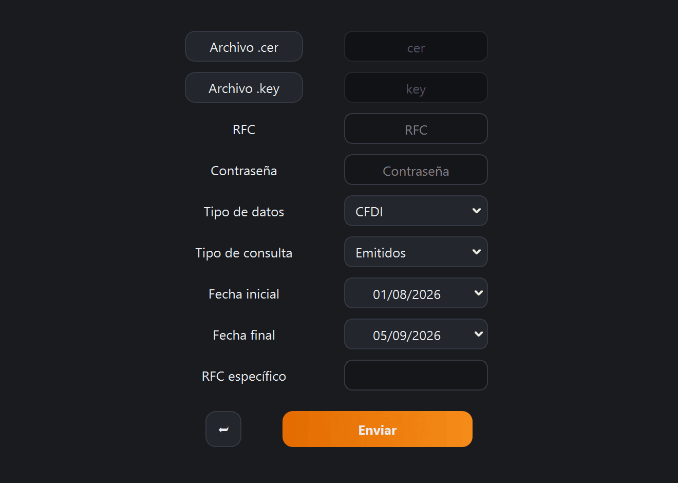 Pantalla Solicitar descarga de CFDI de retenciones