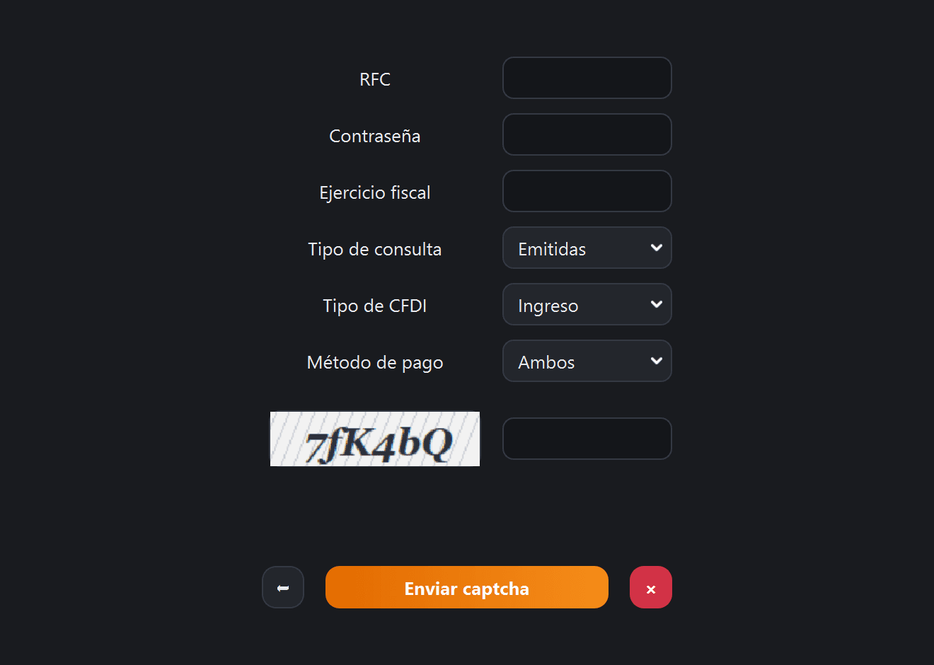 Pantalla del visor de facturas con el captcha cargado