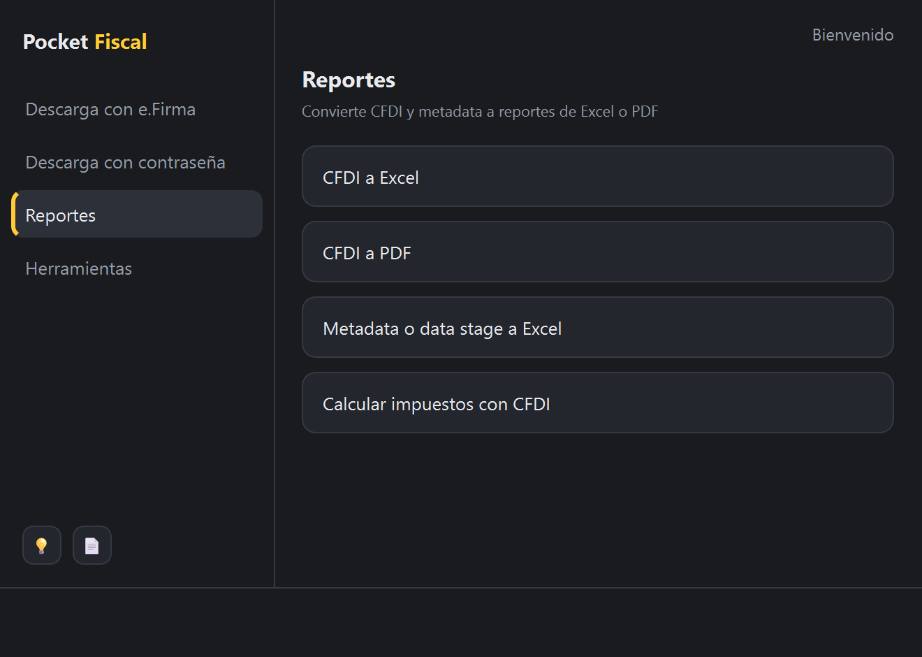Sección de reportes del menú principal